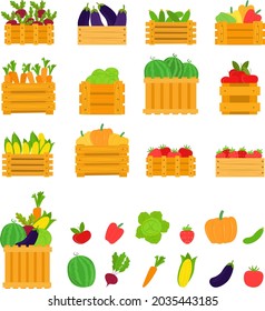 Obst, Gemüse in Kisten, Vektorgrafik. Gesunde Nahrung, Bio-Frischprodukte-Sammlung. Flache Erntekarotten, Zuckerrüben