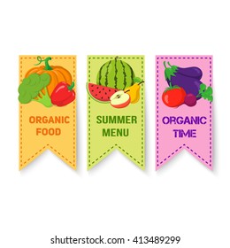 Fruits and vegetables bright badges. Fresh summer veggies vector illustration. Easy to edit design template.