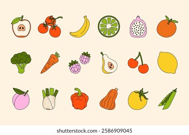 Fruits and vegetables. Cartoon fruit vegetable icons, organic food with different berries, veggies, fruits and greens, cute comic colorful flat elements. Vector isolated set