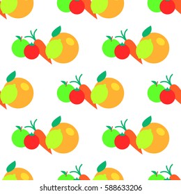 Fruits and vegetables cartoon seamless pattern. Orange, apple, tomato and carrot flat vector isolated on white.  Edible plants ornament with repeating elements for wrapping paper, cards and prints  