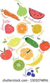 Fruits and vegetables in cartoon style vector  illustration. Vector illustration for menu design, packaging, cards, banners, printed materials.