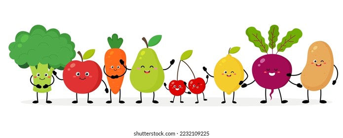 Personajes de frutas y verduras con diferentes poses y emociones. Alimentos saludables. Ilustración vectorial en un fondo blanco. Mascotas de comida alegres de diseño plano.