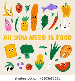 Fruits and vegetables characters hand drawn illustrations set. All you need is food. Flat vector illustration isolated.
