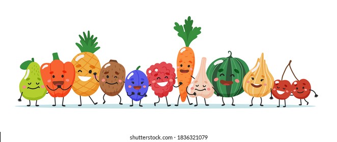 Personajes de frutas y verduras. Ilustración del vector