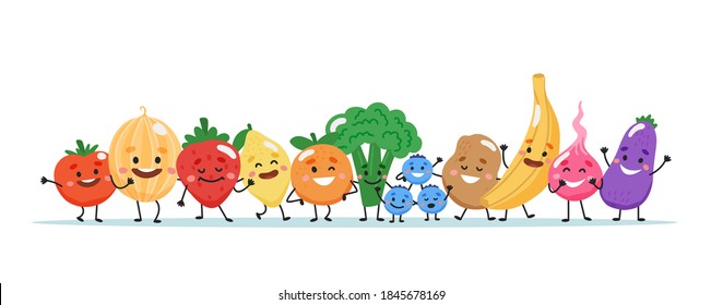 Personajes de frutas y verduras. Ilustración del vector