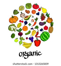 Fruits and Vegetables in a circle. Gardening, horticulture. Organic Food banner. 