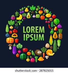 fruits and vegetables in a circle vector logo design template. fresh food or gardening, horticulture icons. flat illustration