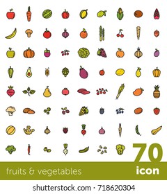 Fruits and vegetables collection. Big vector icon set. Healthy vegetarian food. Modern line style illustrations. Isolated background
