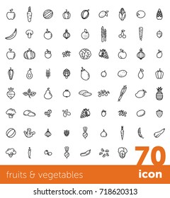 Fruits and vegetables collection. Big vector icon set. Healthy vegetarian food. Modern line style illustrations. Isolated background