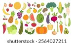 Fruits and vegetables collection. Illustration in flat style. Cute colorful vector illustration template with different types of fruits and vegetables ,vitamins vegan food ,health diet .