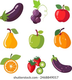 Fruits and vegetables collection. Illustration in flat style. Cute colorful vector illustration template with different types of fruits and vegetables