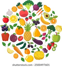 Fruits and vegetables collection. Illustration in flat style. Cute colorful vector illustration template with different types of fruits and vegetables