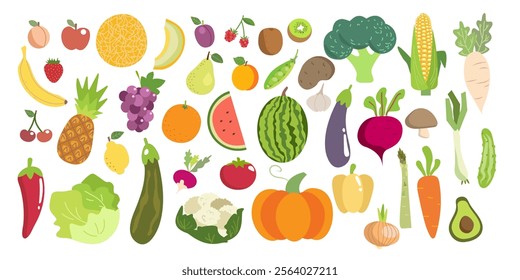 Fruits and vegetables collection. Illustration in flat style. Cute colorful vector illustration template with different types of fruits and vegetables ,vitamins vegan food ,health diet .