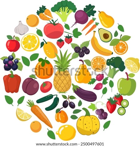 Fruits and vegetables collection. Illustration in flat style. Cute colorful vector illustration template with different types of fruits and vegetables