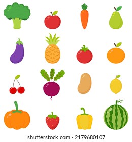 Fruits and vegetables collection. Vector isolates in cartoon flat style on a white background.