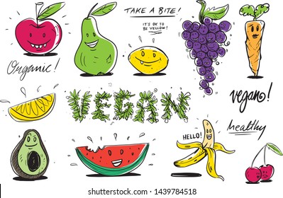 Fruits and vegetables, colorful design collection, graphic elements for web sites, mobile apps, web banners, infographics, printed materials. Vector illustration