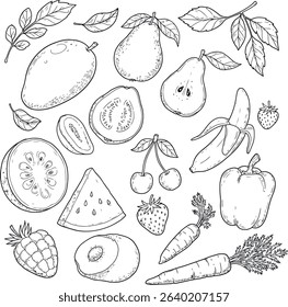 Fruits and vegetables coloring page: mango, pear, kiwi, guava, watermelon, cherries, strawberry, banana, bell pepper, carrots, raspberry, and avocado, with leaves in hand drawn style.