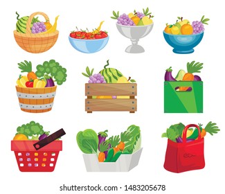 Fruits and vegetables in containers flat vector illustrations set. Harvest in baskets and boxes isolated cliparts pack. Organic fresh veggies in shopping bag cartoon design elements collection