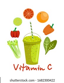 Fruits and vegetables containing vitamin C. Vitamin C food source vector illustration. Foods containing ascorbic acid with a letter. Vitamin C Rich Fruit and vegetables Smoothie.