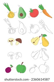 Fruits and vegetables in continuous line art drawing style. Minimalist black linear sketch and color options isolated on white background. Vector illustration