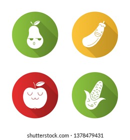 Fruits and vegetables cute kawaii flat design long shadow glyph characters set. Apple with smiling face. Serious pear, laughing eggplant. Funny emoji, emoticon. Vector isolated silhouette illustration
