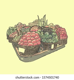 Fruits and vegetables are displayed in baskets. Seasonal vegetables and ripe fruits are laid out in large baskets. Vegan assortment product. Attractive greenery stands on pallet, cartoon.