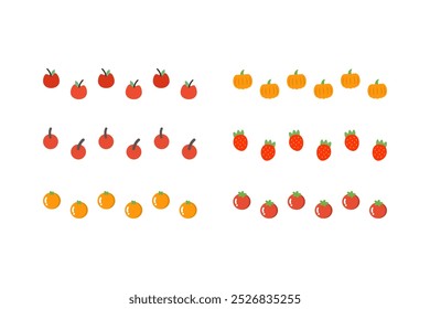 Fruits and vegetables divider collection. Apple, cherry, orange, pumpkin, strawberry, tomato border frame. Flat decorative food vector design isolated illustration.