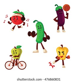 Fruits and vegetables doing sport exercises, cartoon style vector illustration isolated on white background. Healthy lifestyle habits development concept