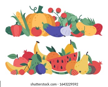 Fruits and vegetables. Doodle food, stack of vegetables and fruits, healthy lifestyle and vegan vitamins raw diet, natural fruits and greens isolated vector cartoon detox menu vegetarian elements
