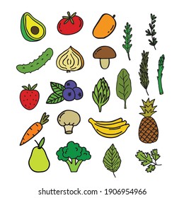 conjunto de iconos de doodle de frutas y verduras, ilustración vectorial