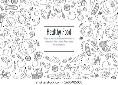 Fruits and vegetables doodle set. Hand drawn vector illustration.