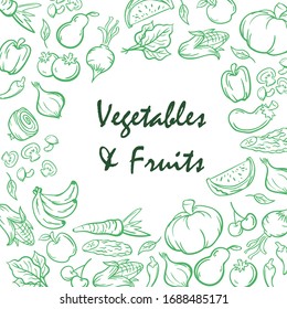 Fruits and vegetables doodle set. Hand drawn vector illustration.