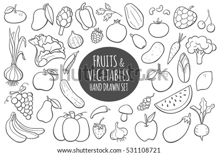 Fruits and vegetables doodle set. Hand drawn vector illustration.
