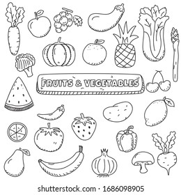 Colección de doodles de frutas y verduras en un estilo bonito dibujado a mano aislado en fondo blanco 