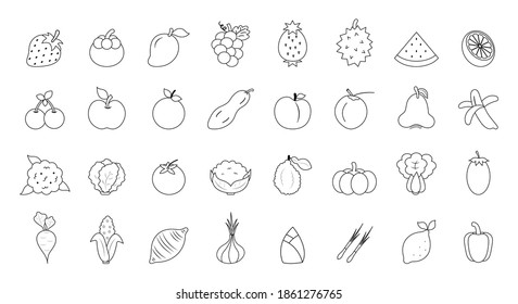 Fruits and vegetables drawing line flat icon set isolated on white background.Design for coloring art book ,print.Vector.Illustration.