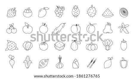 Fruits and vegetables drawing line flat icon set isolated on white background.Design for coloring art book ,print.Vector.Illustration.
