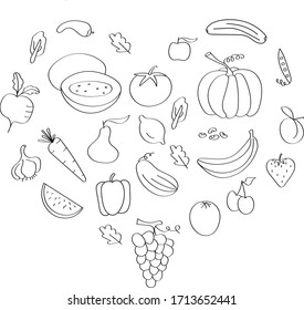 Fruits and vegetables drawn in doodle style, black outline coloring for children's art. Template for wallpaper or web design, vegetarian farming.