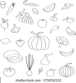 Fruits and vegetables drawn in doodle style, black outline coloring for children's art. Template for wallpaper or web design, vegetarian farming.