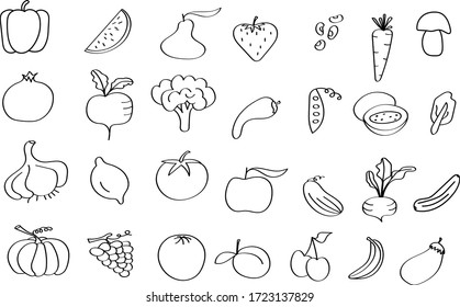 Frutas y verduras dibujadas en forma de doodle, colorantes negros para el arte infantil. Plantilla para el diseño de papel pintado o web, agricultura vegetariana.