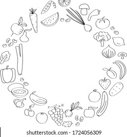 Fruits and vegetables drawn in doodle style, black outline coloring for children's art. Template for wallpaper or web design, vegetarian farming.