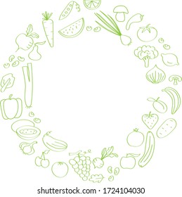Fruits and vegetables drawn in green outline in doodle style for kids coloring. Vector beautiful illustrations - tomato, apple, pepper, salad and other ingredients for cooking vegetarian dishes.