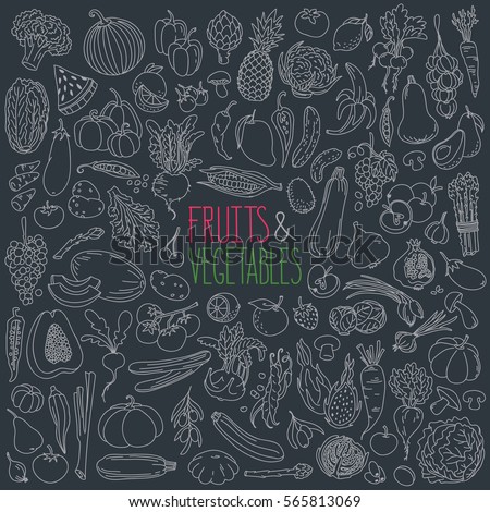 Fruits and vegetables drawn on blackboard - pumpkin, corn, apple, cabbage, broccoli, mango, eggplant, tomato, potato, banana, onion, papaya. Vector freehand illustration isolated on black background.