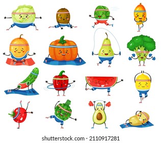 Fruits and vegetables exercising, avocado broccoli anf watermelon. Vector healthy exercise, vegetable character smile illustration