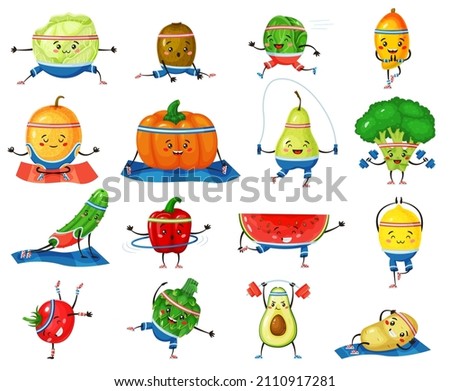 Fruits and vegetables exercising, avocado broccoli anf watermelon. Vector healthy exercise, vegetable character smile illustration
