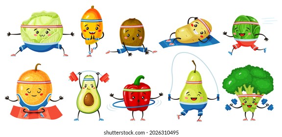 Fruits and vegetables exercising. Melon, kiwi in yoga poses, broccoli with dumbbells. Strong healthy fruit and vegetable characters vector set. Active lifestyle and wellness, vitamin eating