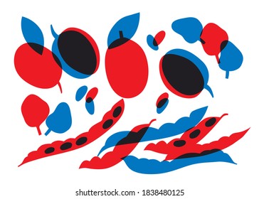 Fruits and vegetables flat abstract vector. Asparagus, plum, spinach, Still lifeillustration. Autumn harvest. Can be use for restaurants menu, cover, packaging.