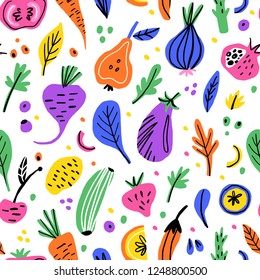 Fruits And Vegetables Flat Hand Drawn Seamless Pattern. Healthy Nutrition Cartoon Texture. Organic Food Scandinavian Illustrations. Diet Sketch Color Cliparts. Kitchen Textile, Background Vector Fill
