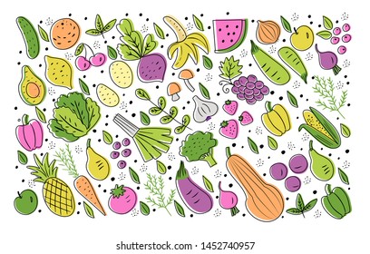 Fruits and vegetables flat hand drawn design isolated on white background. Vector healthy, organic food set for your design. 