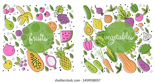 Fruits and vegetables flat hand drawn icons isolated on white background. Healthy food. Vector set for your design.