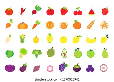 Fruits and vegetables flat icon set isolated on white background.Vector.Illustration.